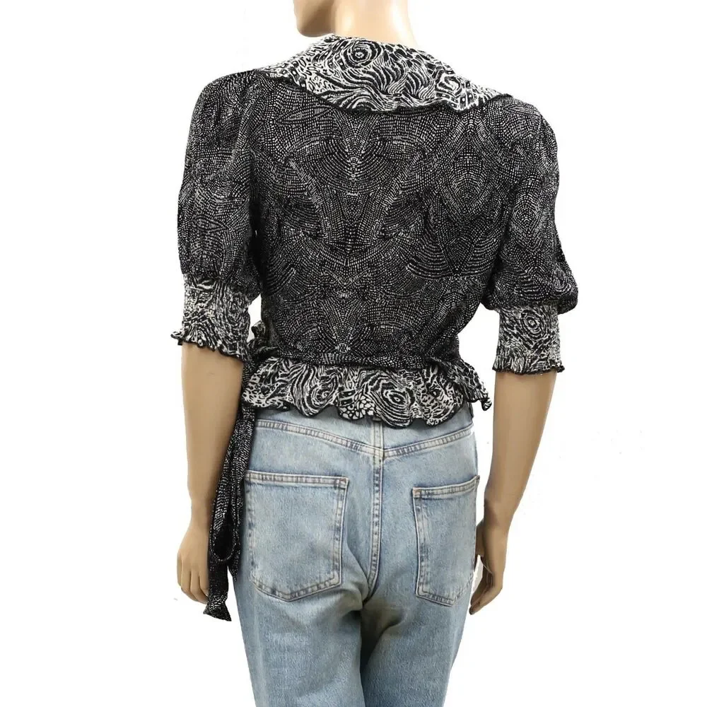 Free People Nully Olivia Wrap Top Blouse Short-Sleeves Black Printed S 287036 - Picture 7 of 9
